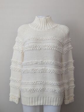 Magaschoni Cream Bobble Knit Turtleneck Chunky Sweater